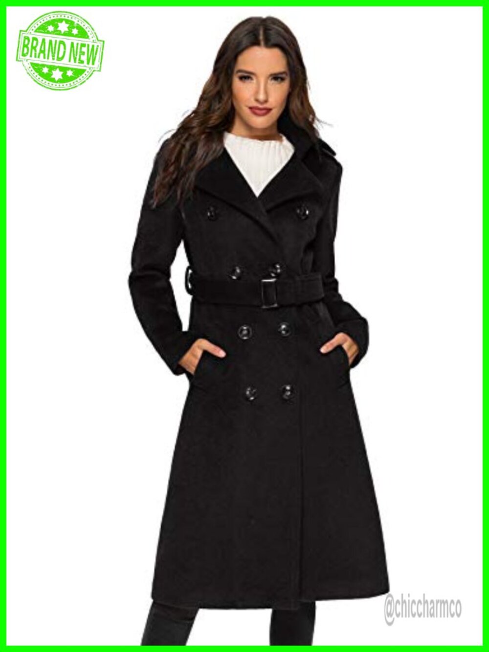 Wool Trench Coat Long Double Breasted Pea Coat with Belt Winter
